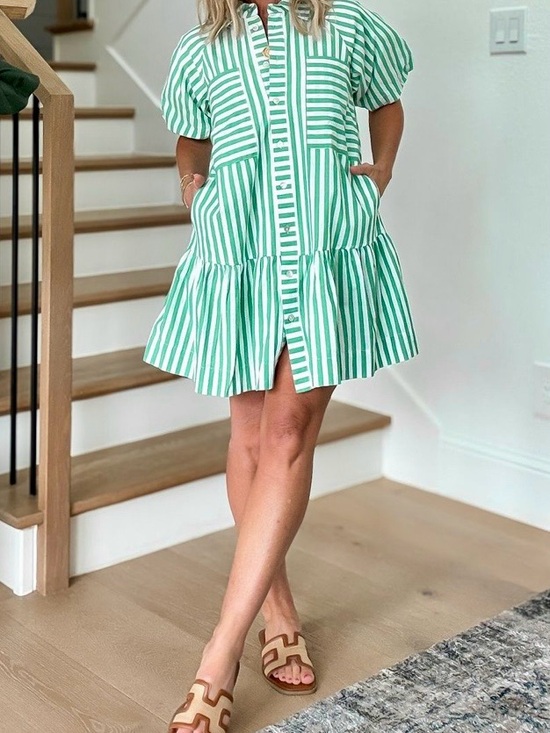 Pinch Dresses & Skirts - Pinch Green White Striped Short Sleeve Tiered Button Down Shirt Dress Small